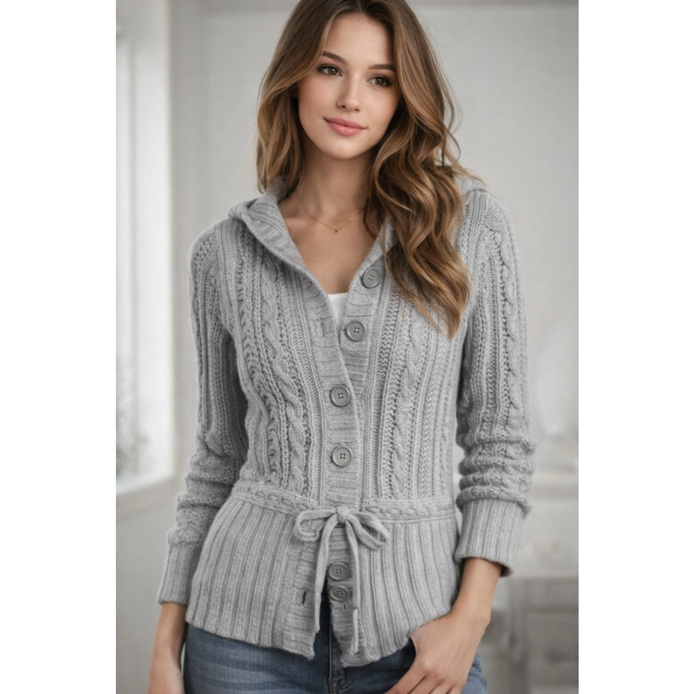 Y2k Abercrombie & Fitch Fitted Cable Knit Hoodie Cardigan Gray Bella Swan